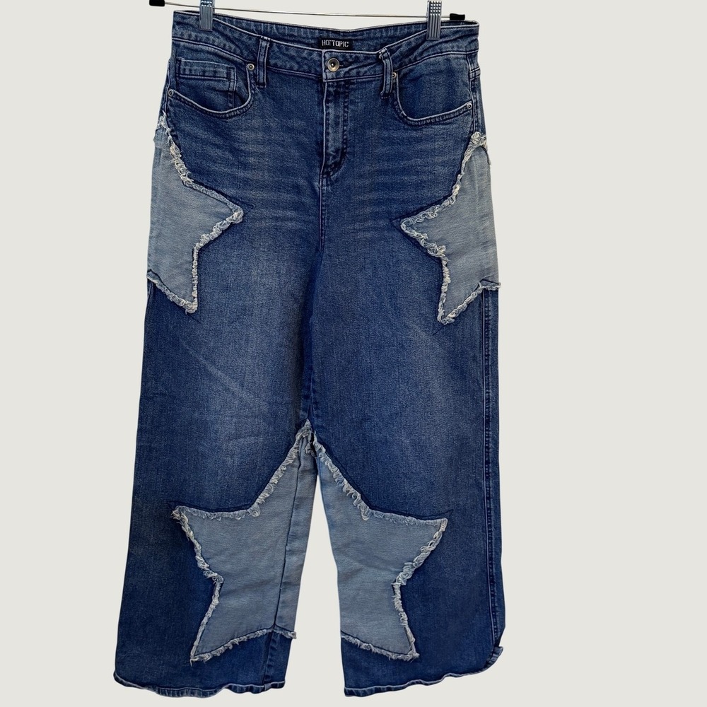 Hot Topic Star Patch Jeans Womens 14 Blue Wide Leg Two Tone Denim